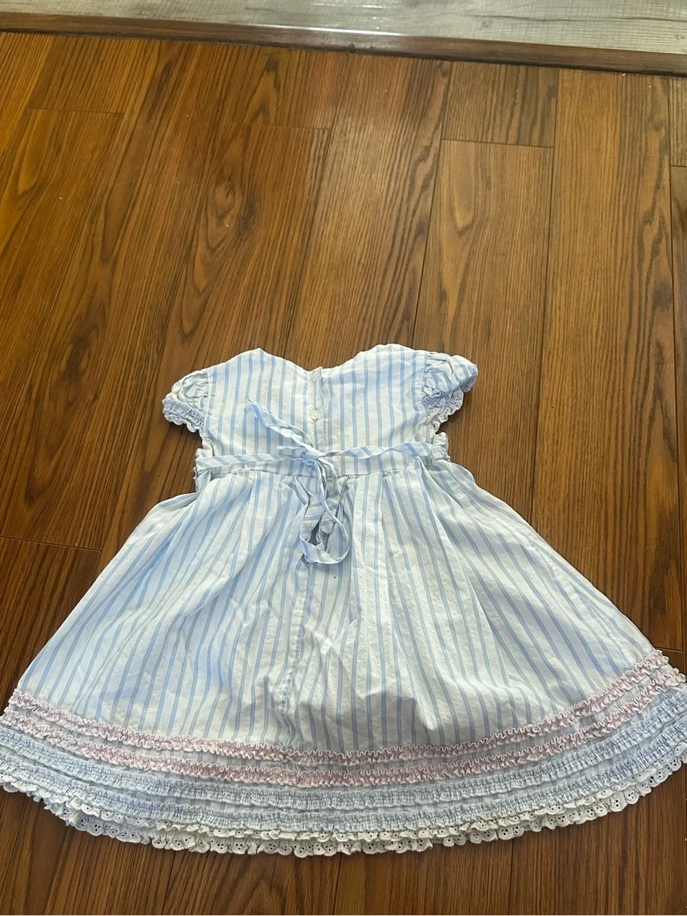 Biscotti Blue and White Striped Formal Girls' Dress with Pink Trim